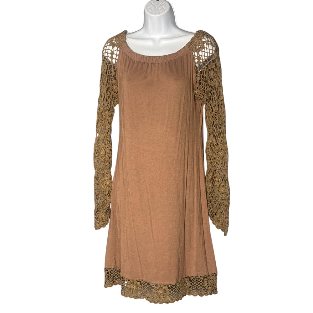 Union of Angels Brown Crochet Sleeve Dress M Casual Boho Coastal Cowgirl‎